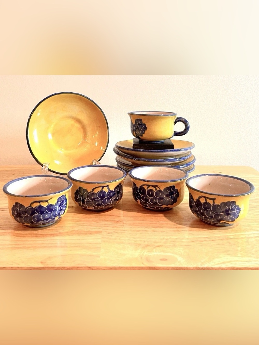 Italian Ceramica Solimene Vietri Cups Saucers Yellow Blue Grapes 10pc Set